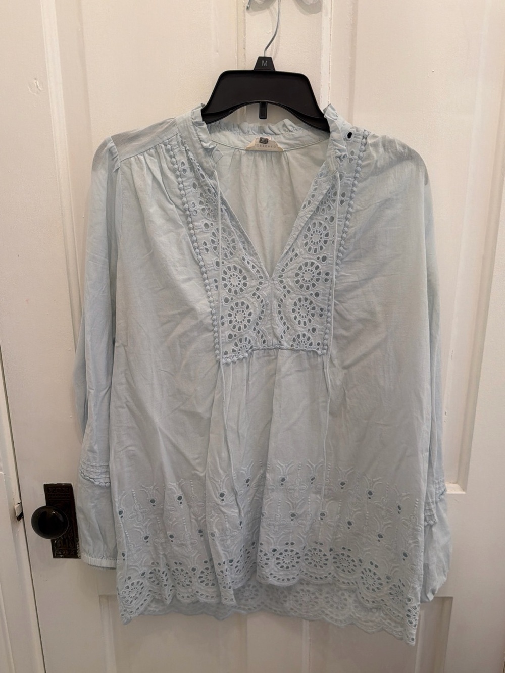 LOFT 100% Softened Cotton Sky Blue Embroidered L/S Prairie Blouse Size L